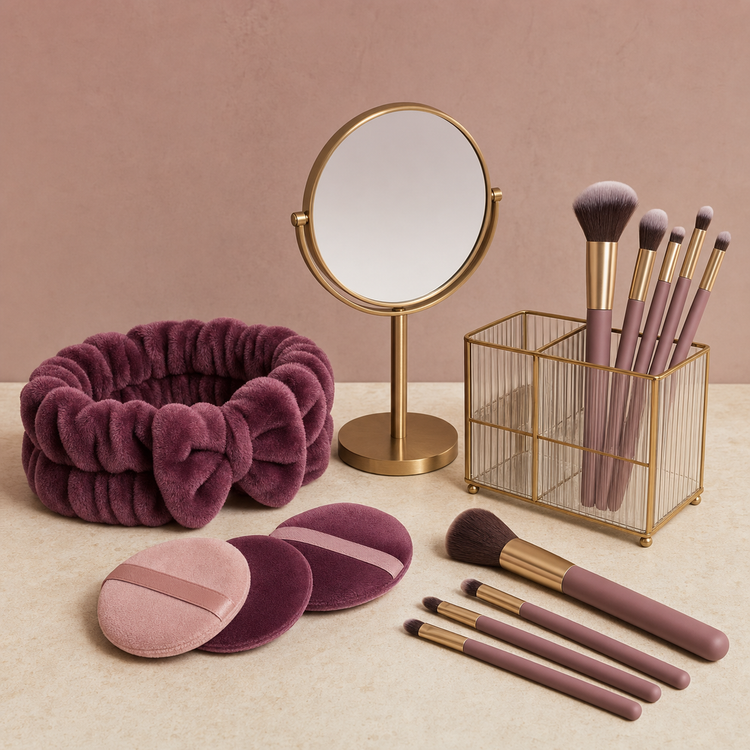 Plum and gold beauty accessories arranged on a vanity