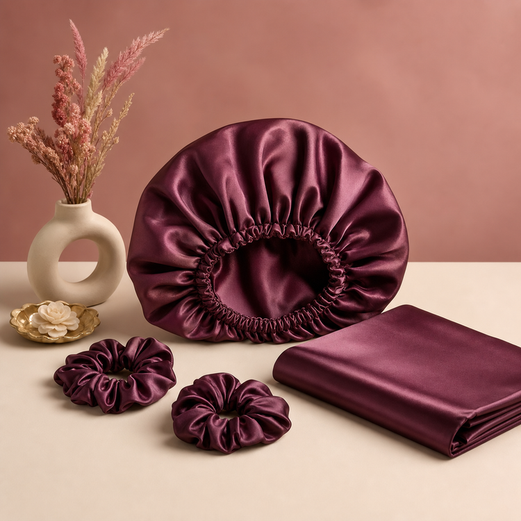 Plum satin bonnet, scrunchies and pillowcase