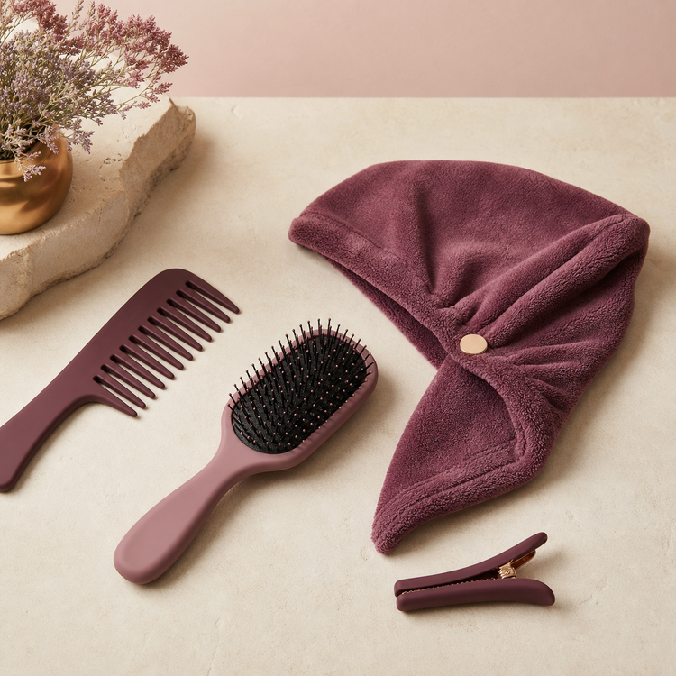 Curl styling comb, brush, clip and microfibre hair wrap