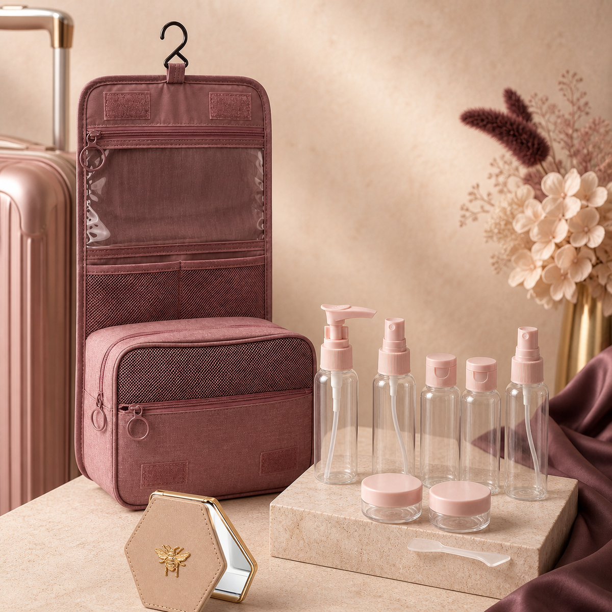 Beauty On-The-Go Set bundle arranged in Velvet Curl plum, rose and cream tones