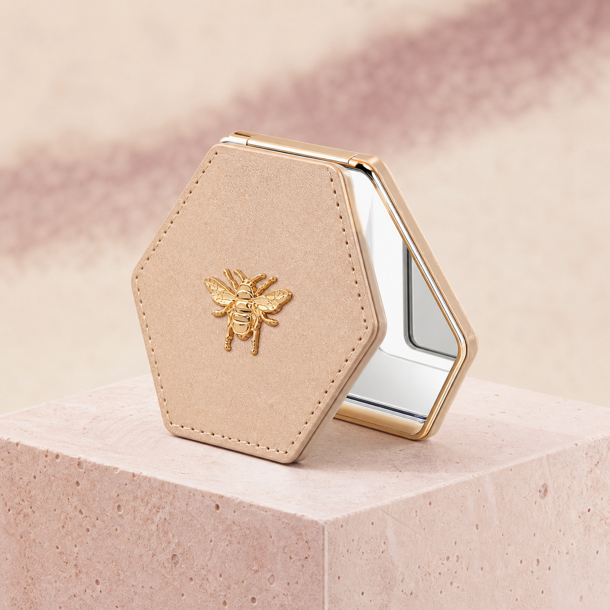 Bee Detail Folding Compact Mirror - Khaki