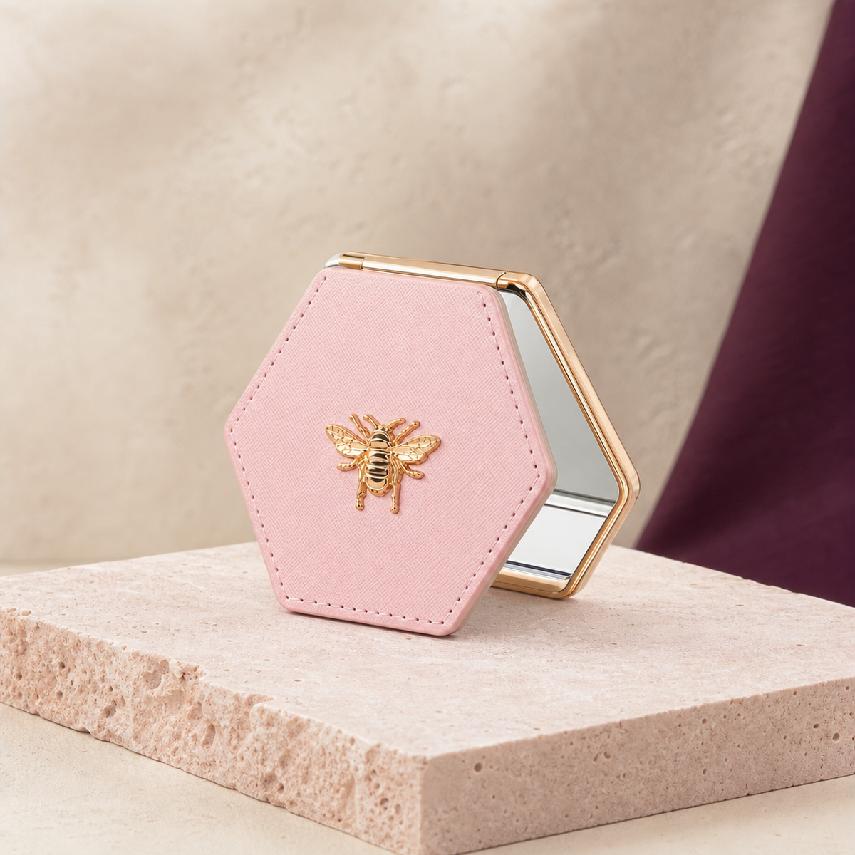 Bee Detail Folding Compact Mirror - Pink