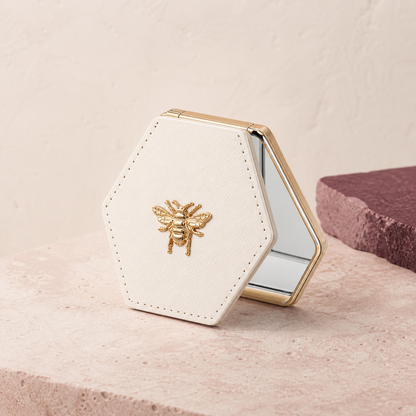 Bee Detail Folding Compact Mirror - White