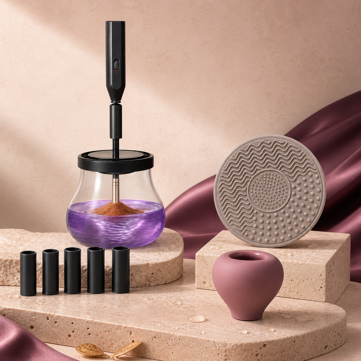 Brush Reset Station bundle arranged in Velvet Curl plum, rose and cream tones