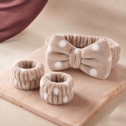 CloudSoft Spa Headband & Wristband Set - Beige Polka Dot