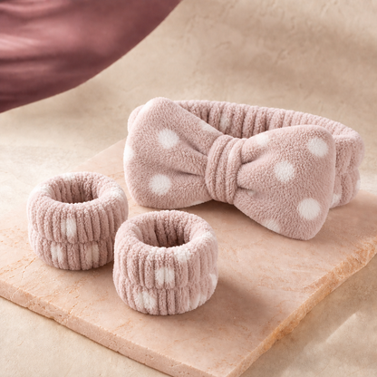 CloudSoft Spa Headband & Wristband Set in Khaki Polka Dot