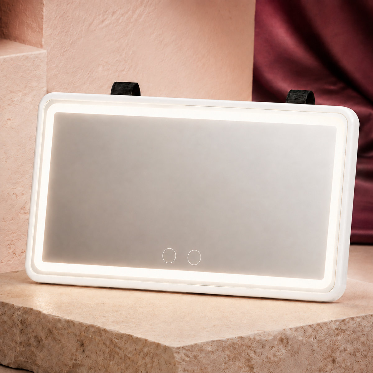 White Frame GlowDrive visor mirror with its soft perimeter light illuminated