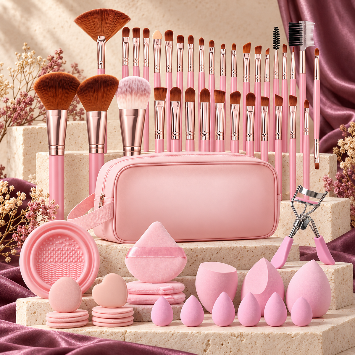 Complete Glam Tool Suite 46-piece bundle in Blush Pink on an ivory and plum studio set