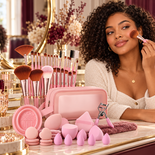 Complete Glam Tool Suite arranged on a warm Velvet Curl vanity