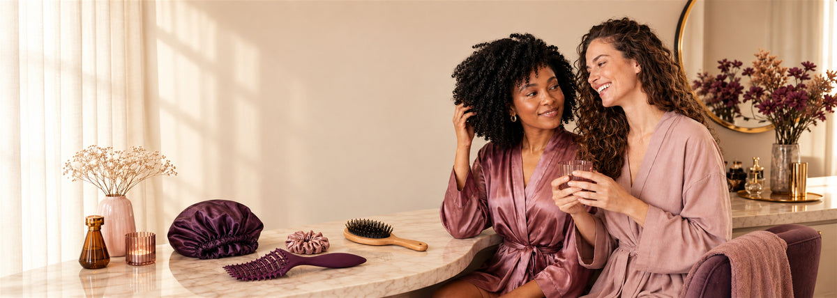 Two women with natural curls sharing a warm beauty routine beside Velvet Curl satin accessories