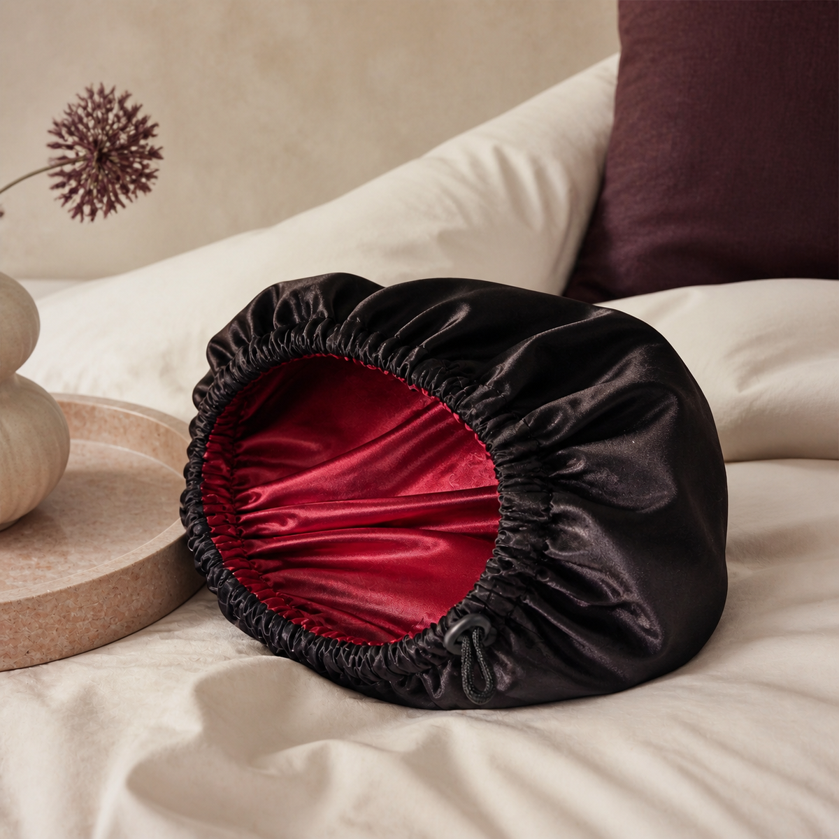 SatinCloud Adjustable Bonnet - Bedside Lifestyle | Velvet Curl Beauty ZA
