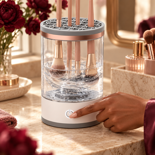 PureBrush station washing makeup brushes on an elegant warm-toned vanity