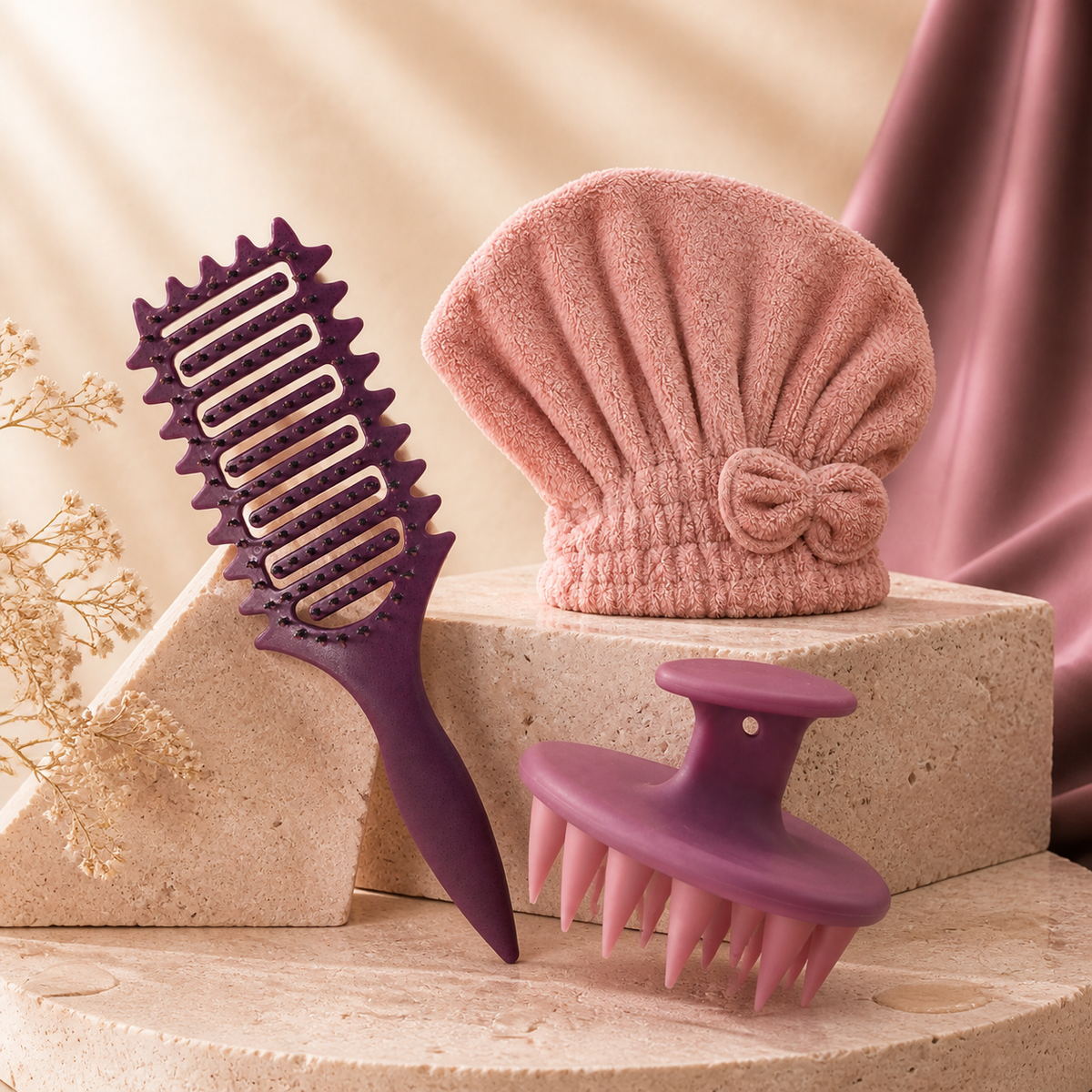 Wash-Day Reset Kit bundle arranged in Velvet Curl plum, rose and cream tones